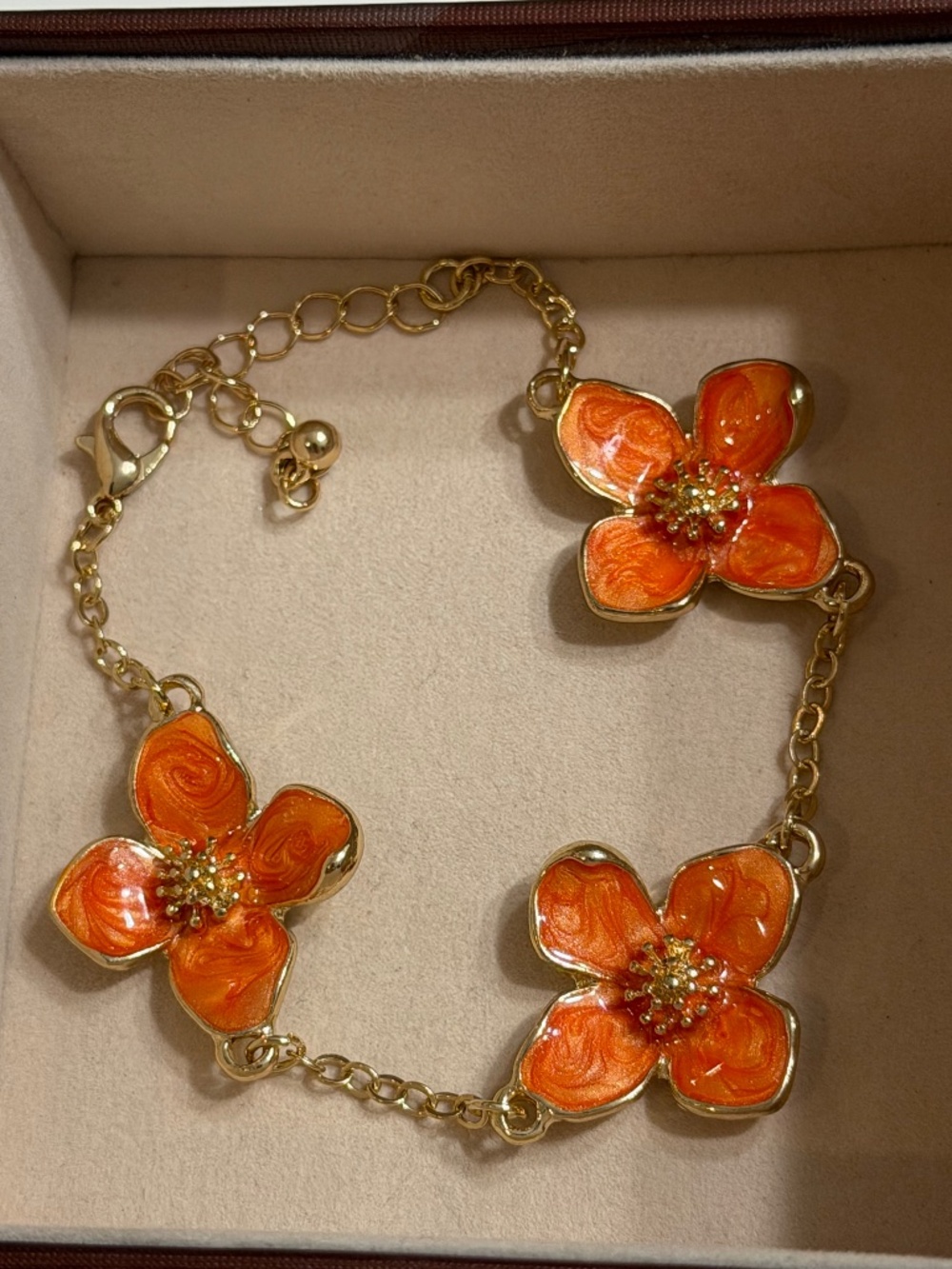 Golden Orange Oil Dripping 4-Petal Flower Enamel Bracelet